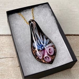 Murano Glass Black, Blue, Purple Floral Pendant Gold Tone Necklace